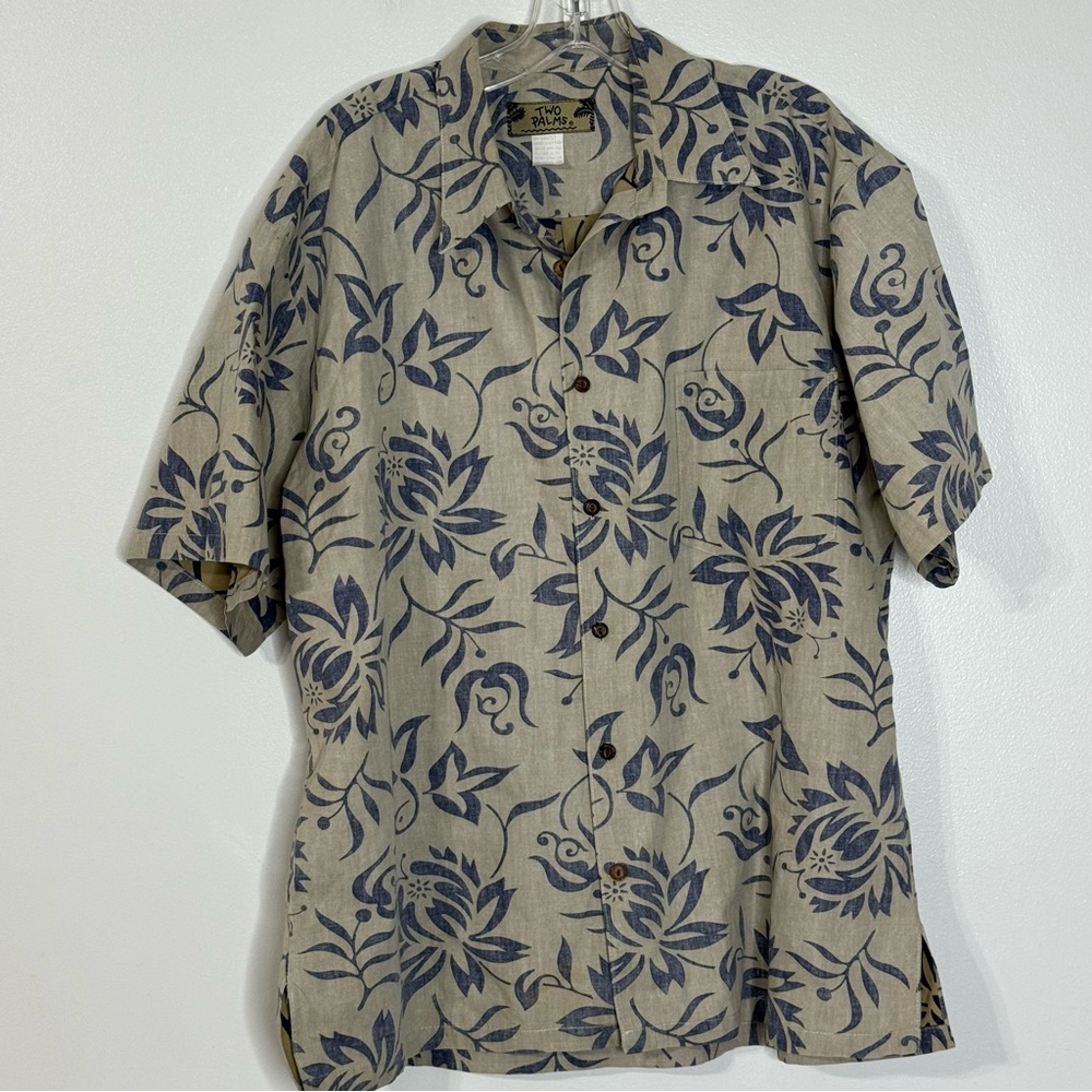 Two Palms Floral Tan Cotton Hawaiian Shirt Men's L